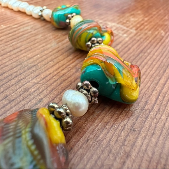 Golden Pearl & Italian Colorful Glass Beads Short Necklace Handmade OOAK - Picture 2 of 15